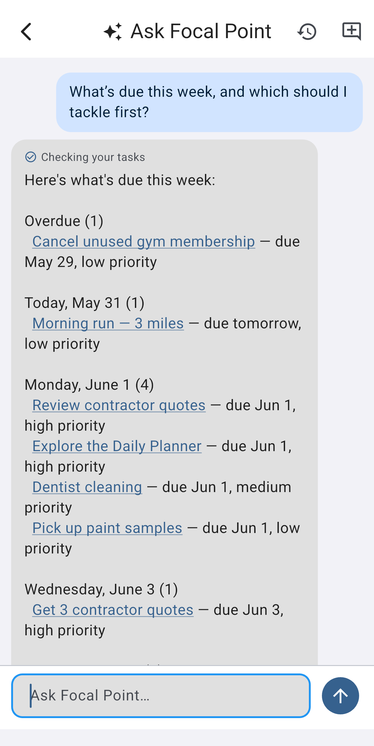 Ask Focal Point answering a question about what's due this week, with a tool-status chip and tappable task links