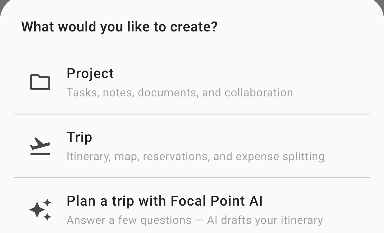 The create menu asking what you would like to create, with Project, Trip, and Plan a trip with Focal Point AI options.