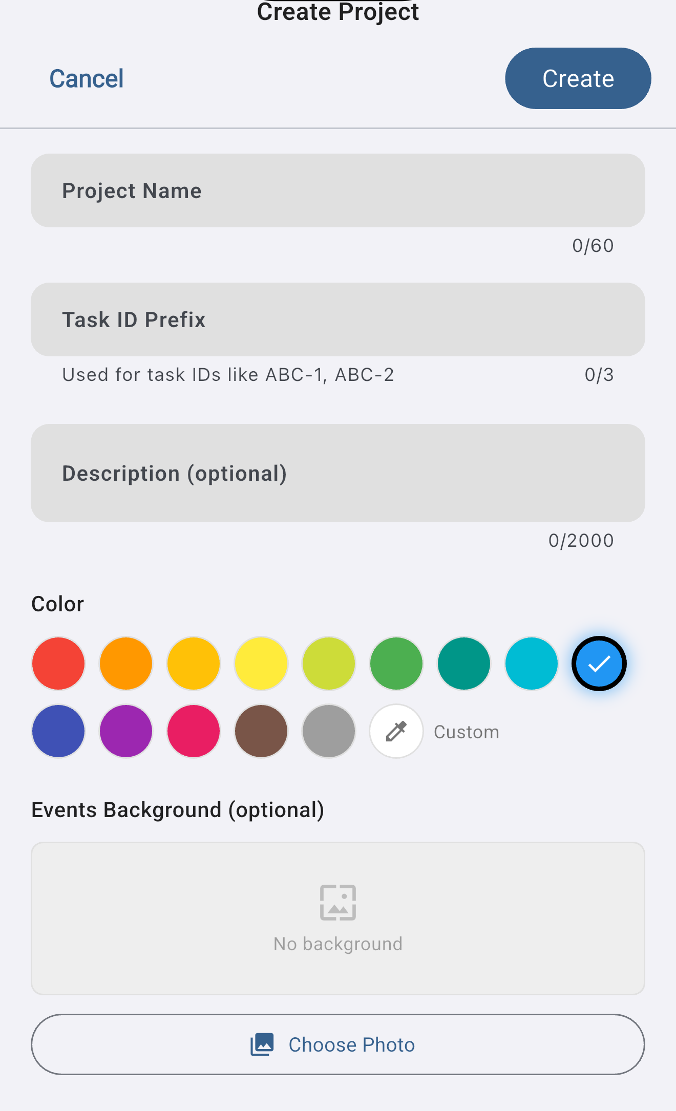 The Create Project form with fields for project name, task ID prefix, description, and a colour palette.