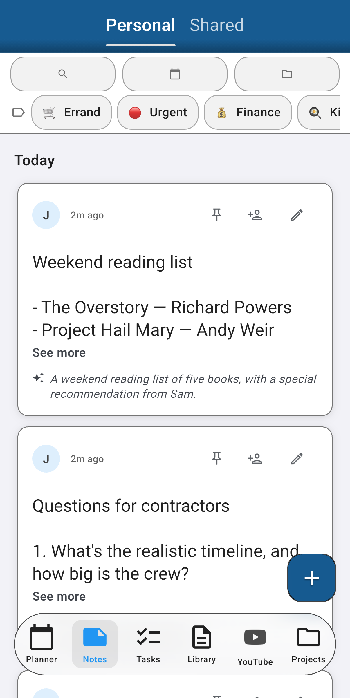 Notes list with a note card showing its AI synopsis in italics below the preview
