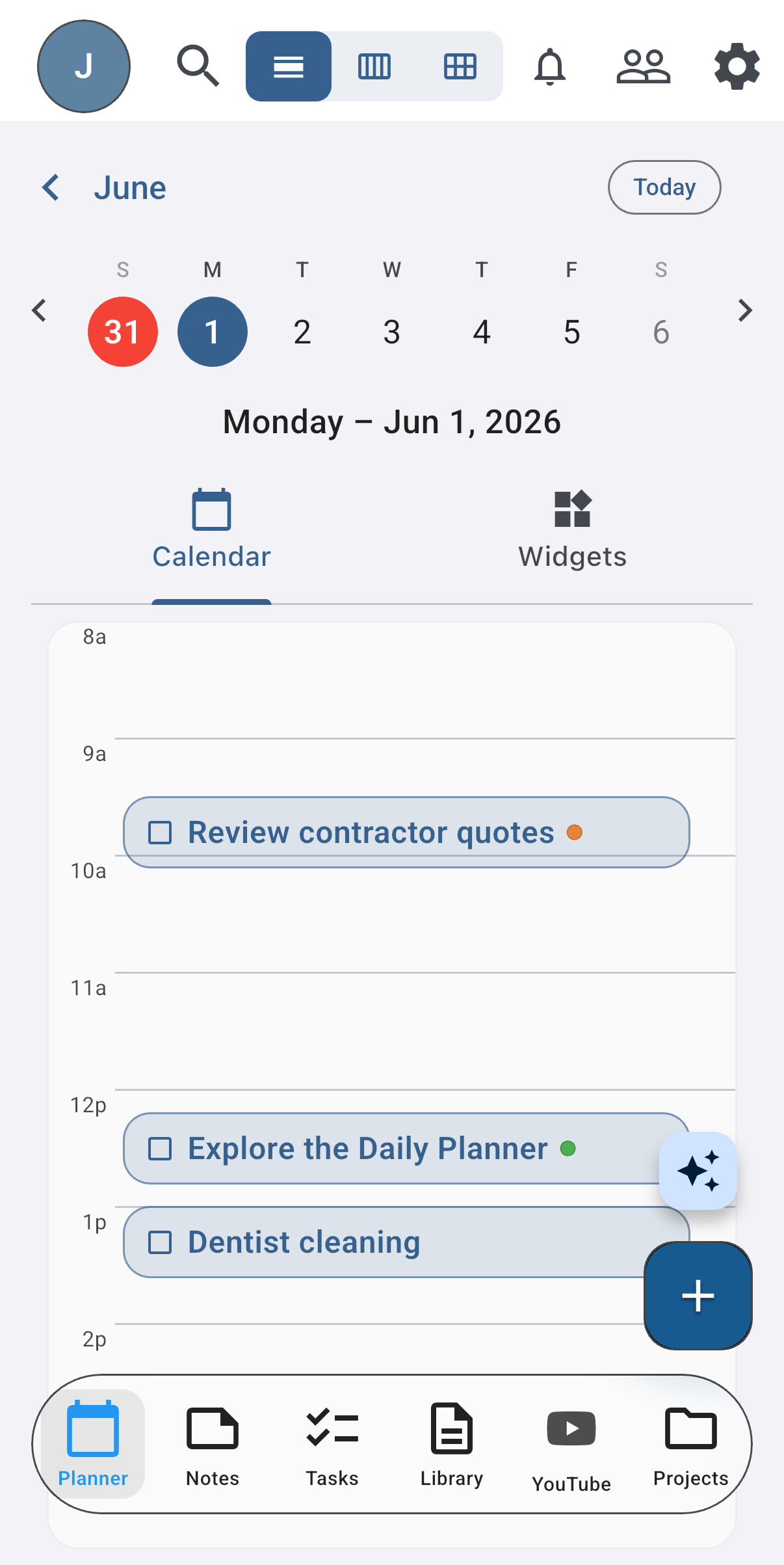 Daily planner with timed tasks on the schedule