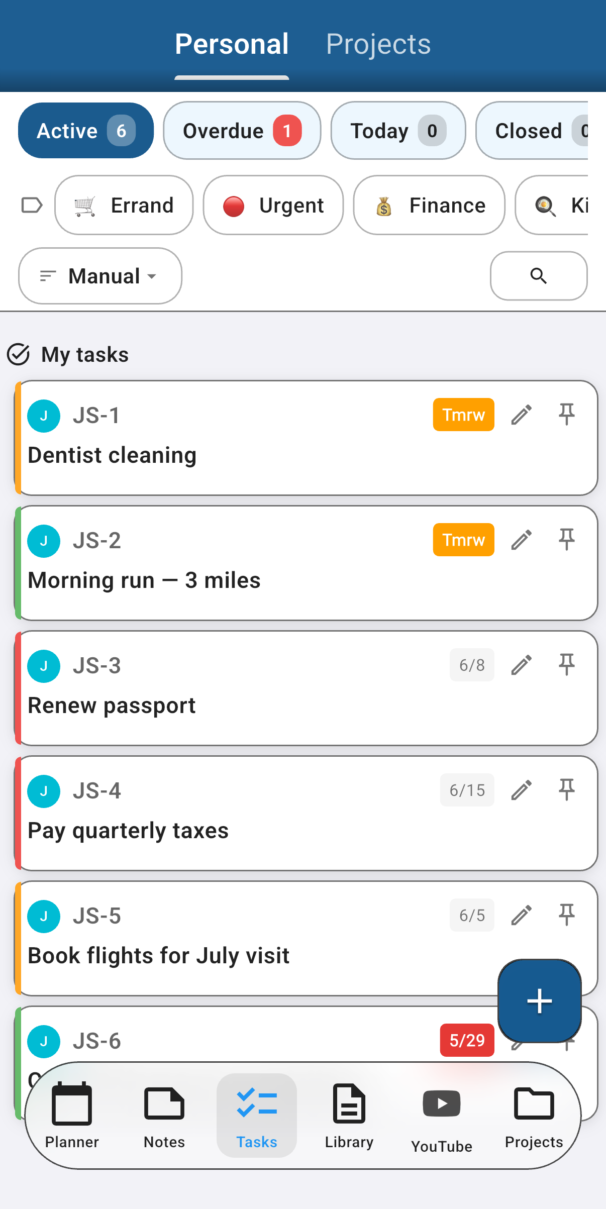 Tasks list showing priorities, due-date badges, and tags